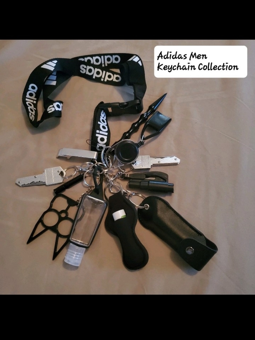 adidas Black Logo Lanyard with Multi-Tool Keychain Set